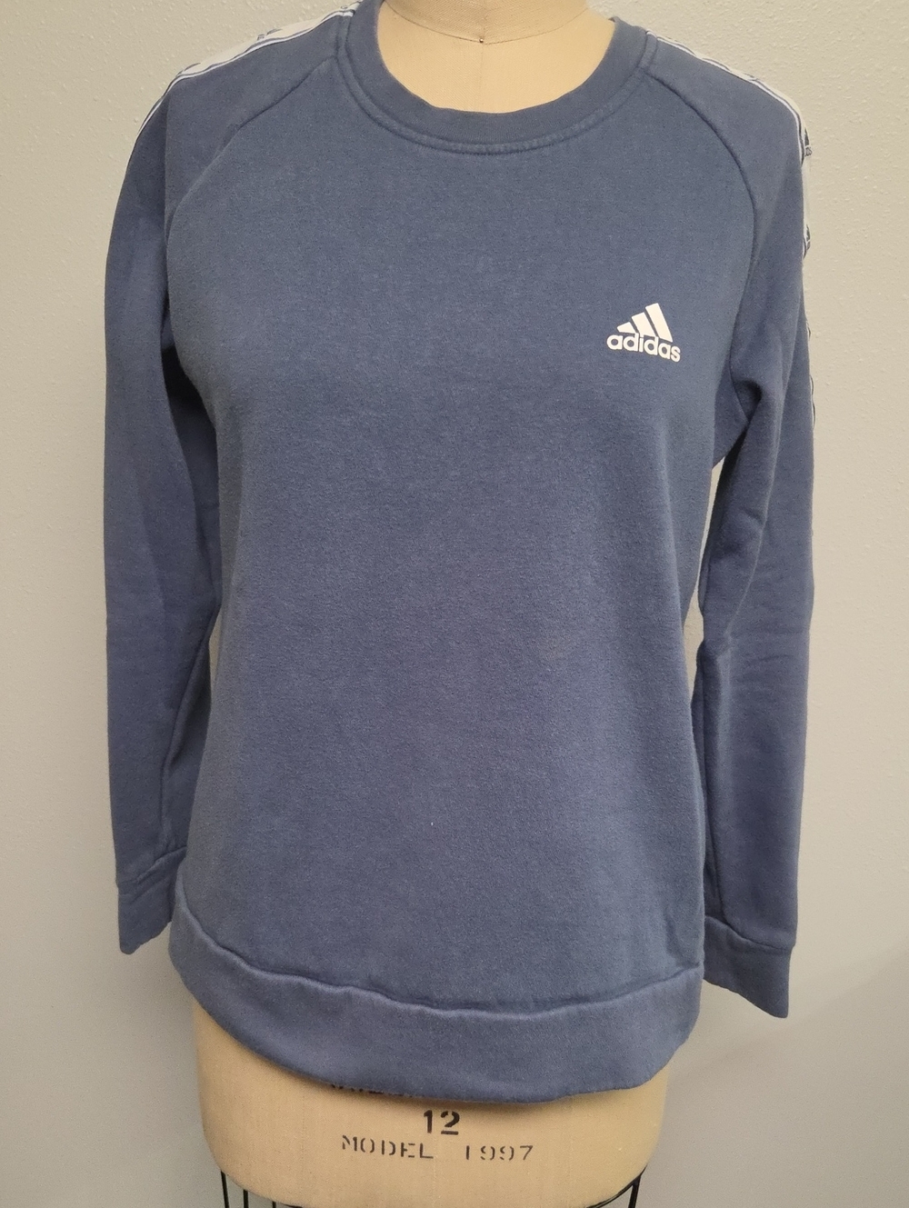 adidas Blue Crew Sweatshirt with White Logo and Shoulder Stripes